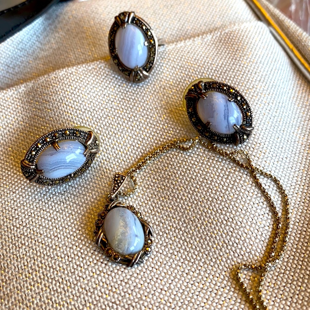 Blue Lace Agate and Marcasite Jewelry Set